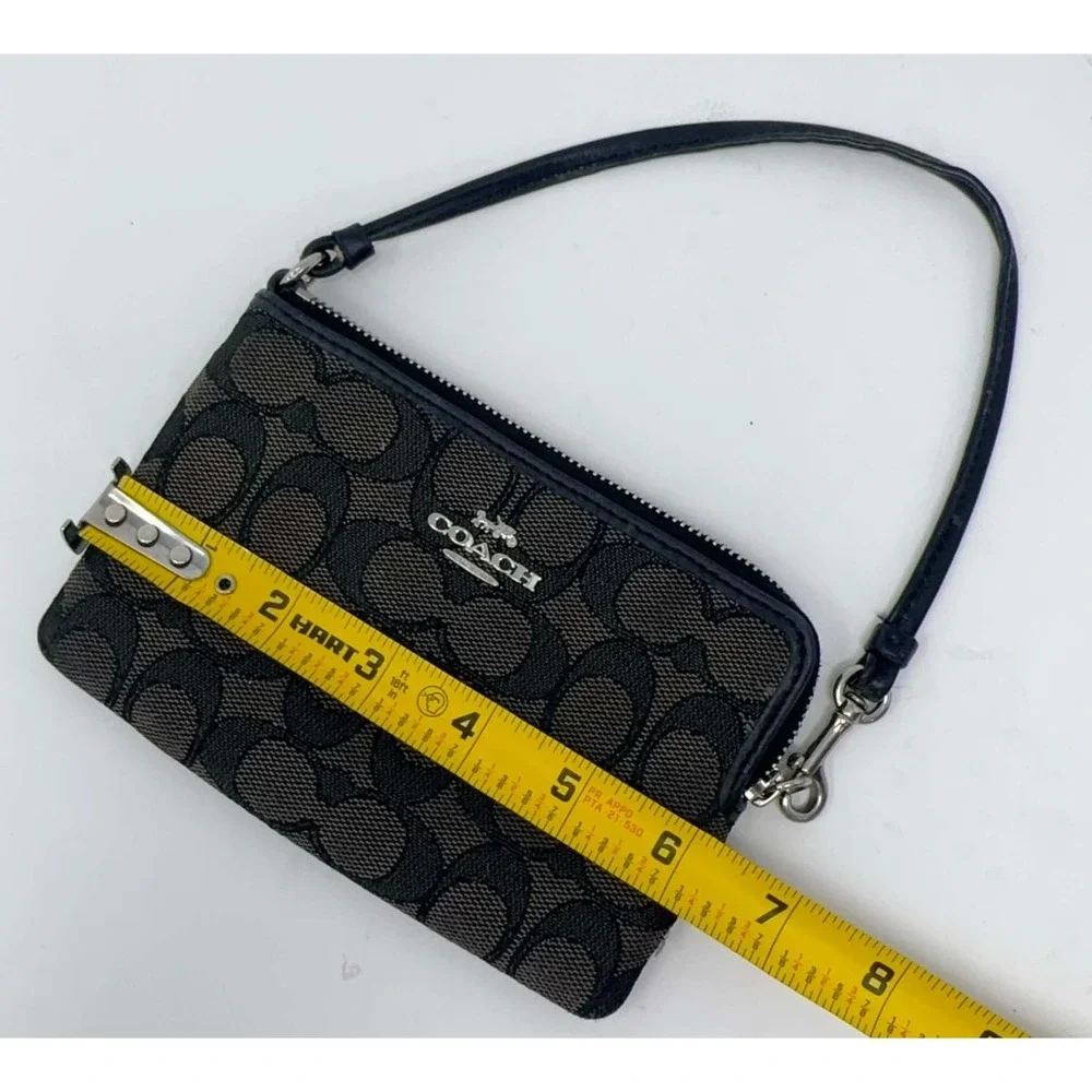Coach 64233 Signature Corner Zip Wristlet Black Smoke Canvas Midnight Navy Blue